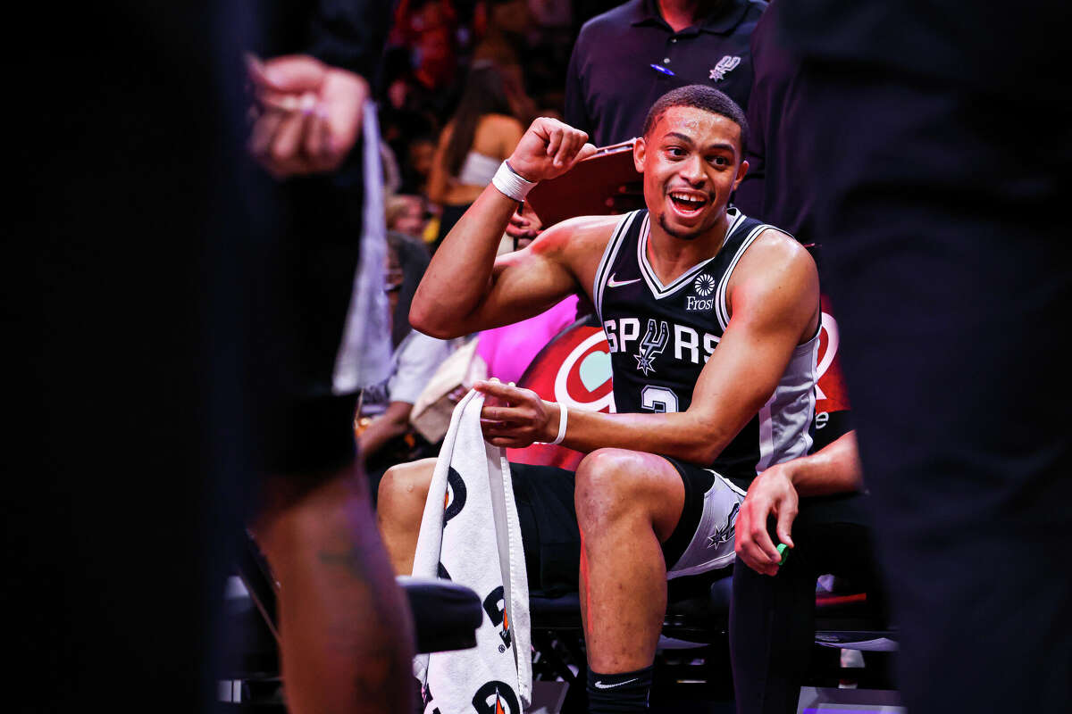 ATLANTA, GA - FEBRUARY 11: Keldon Johnson #3 of the San Antonio Spurs is seen during a timeout in the second half of a game against the Atlanta Hawks at State Farm Arena on February 11, 2022 in Atlanta, Georgia. NOTE TO USER: User expressly acknowledges and agrees that, by downloading and or using this photograph, User is consenting to the terms and conditions of the Getty Images License Agreement. (Photo by Casey Sykes/Getty Images)