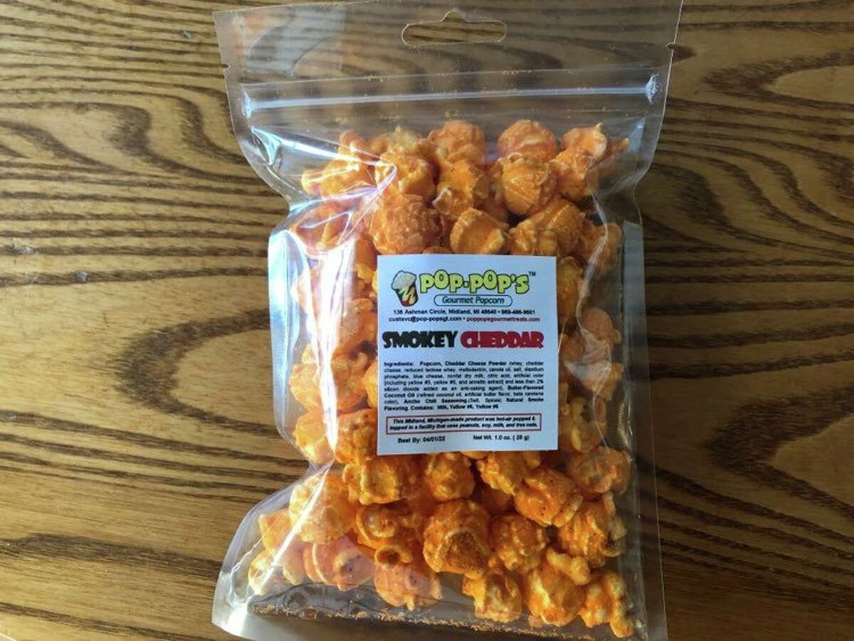 Pictured is the smokey cheddar popcorn from Pop-Pop's Gourmet Popcorn.