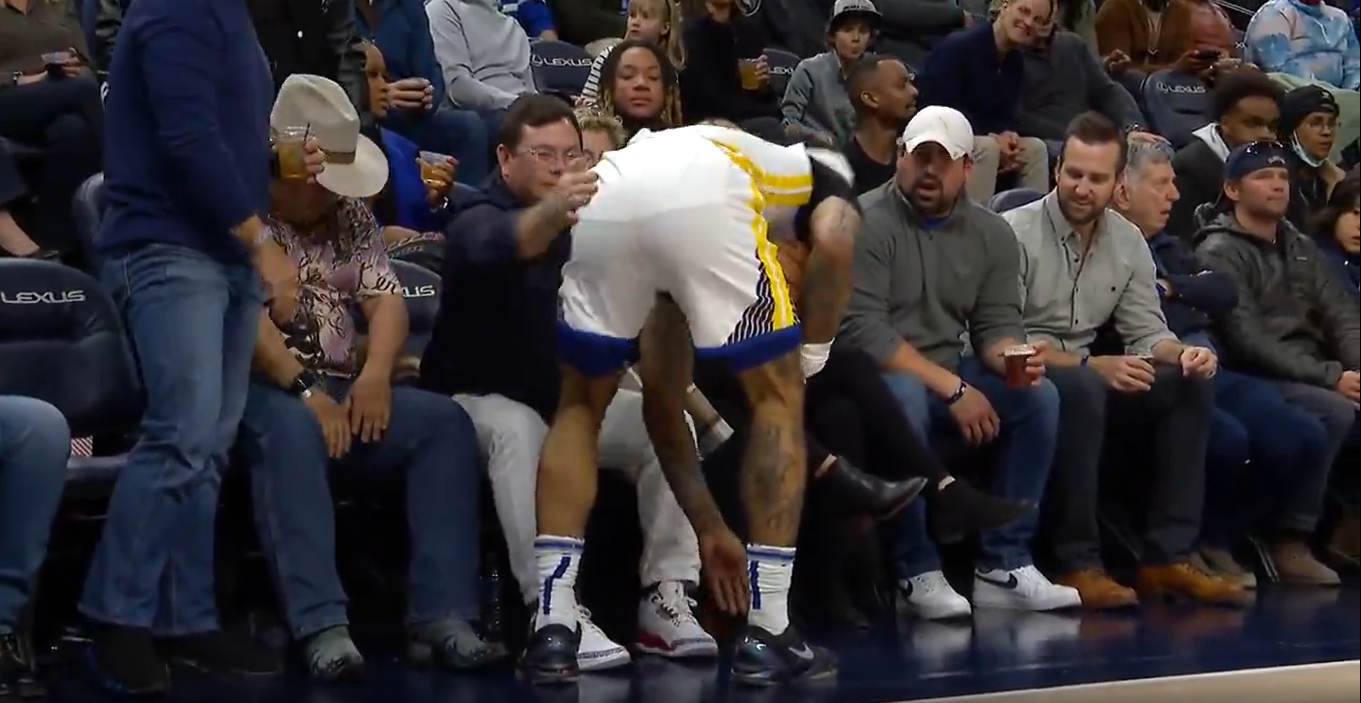 Too-comfortable courtside Warriors fan ruins funny moment with Gary Payton II