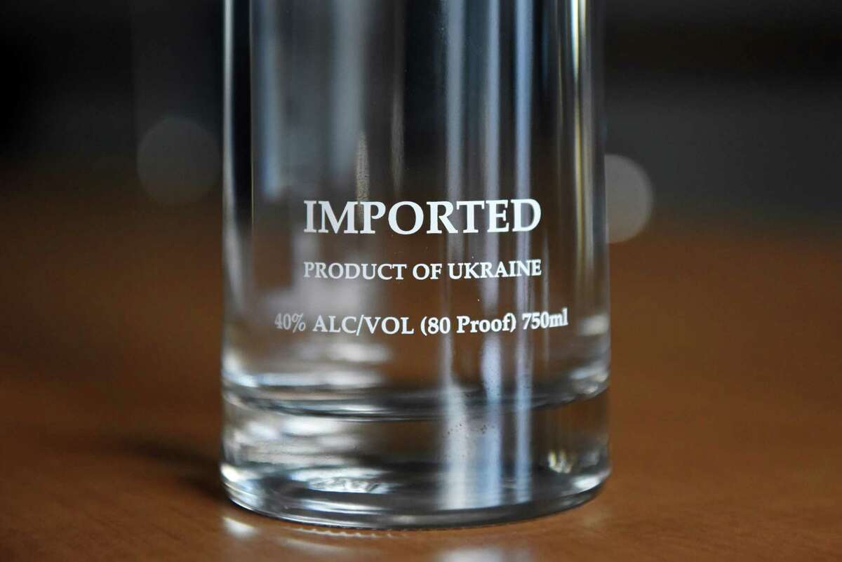 A bottle of Pristine Vodka of Ukraine is displayed on Wednesday, March 2, 2022, at the Times Union in Colonie, N.Y. The vodka is imported and founded by Capital Region Ukrainian immigrant Alexander Bratslavsky.