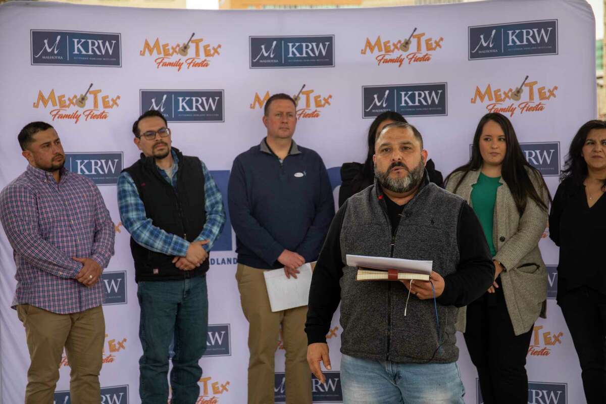 Adrian Carrasco, chair of Mex-Tex Family Fiesta for the Midland Hispanic Chamber of Commerce talks at a launch event Tuesday, March 1, 2022 at Centennial Park. Jacy Lewis/Reporter-Telegram