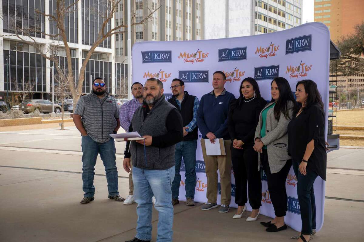 Adrian Carrasco, chair of Mex-Tex Family Fiesta for the Midland Hispanic Chamber of Commerce talks at a launch event Tuesday, March 1, 2022 at Centennial Park. Jacy Lewis/Reporter-Telegram