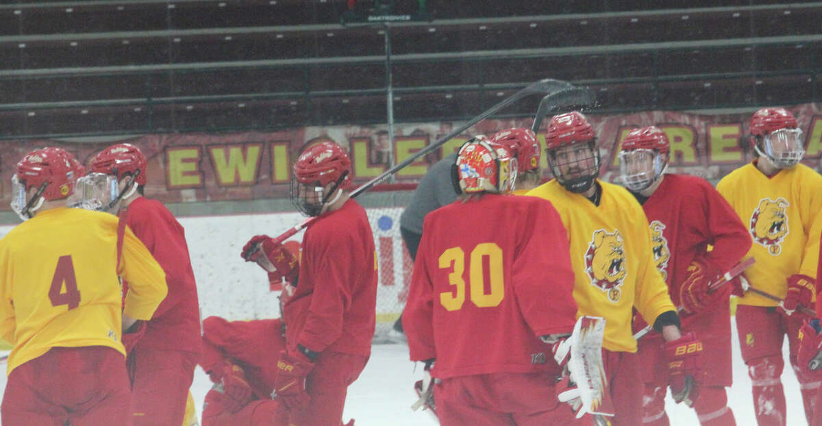 Ferris hockey players get set to wrap up a practice on Tuesday.
