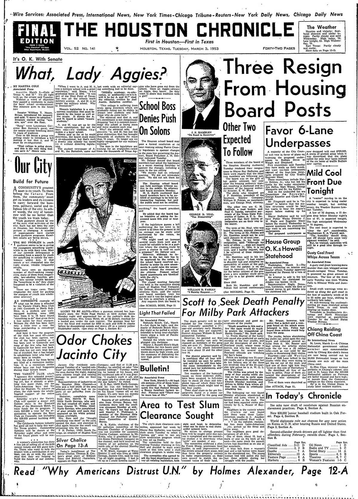 Houston Chronicle front page for March 3, 1953.