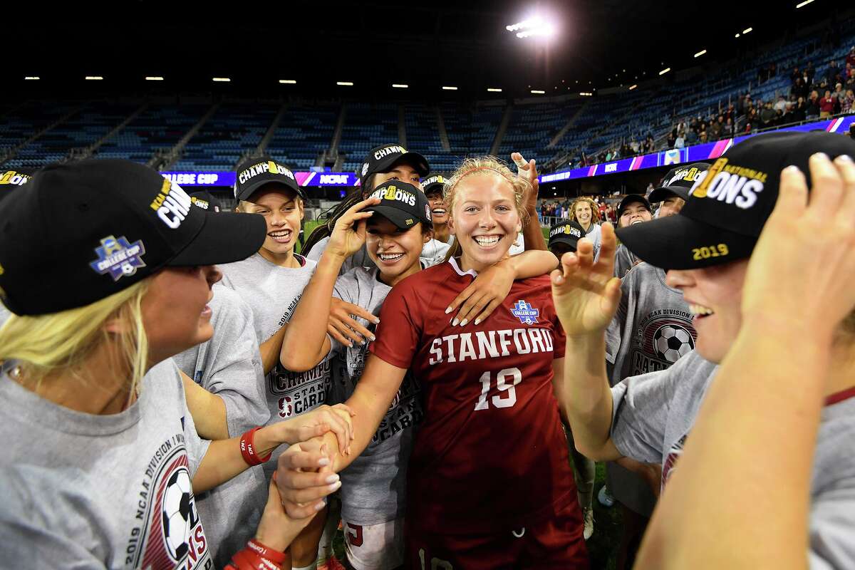 A 2019 photo of Katie Meyer celebrating with her teammates after defeating the North Carolina Tar Heels during the Division I Women's Soccer Championship. Stanford defeated North Carolina in a shootout with Meyer in goal.