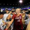 A 2019 photo of Katie Meyer? celebrating with her teammates after defeating the North Carolina Tar Heels during the Division I Women's Soccer Championship. Stanford defeated North Carolina in a shootout with Meyer in goal.