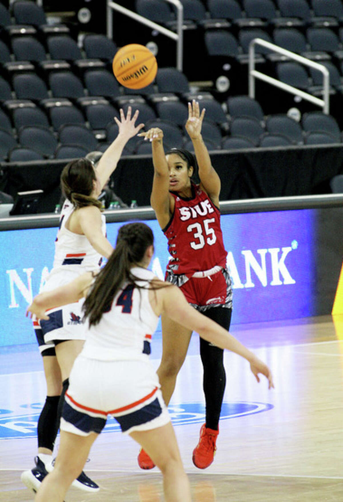Mikala Hall of SIUE (35) puts up a shot against Tennessee-Martin in Wednesday's Ohio Valley Tournament game at the Ford Center in Evansville, Ind.