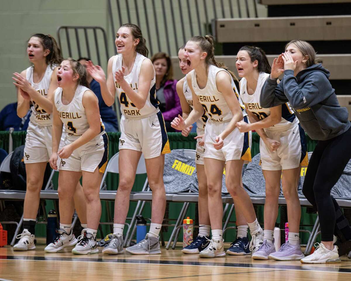 The Averill Park bench cheers for their team during the Section II, Class A semifinals against Catholic Central High School at Hudson Valley Community College on Wednesday, March 2, 2022. (Jim Franco/Special to the Times Union)