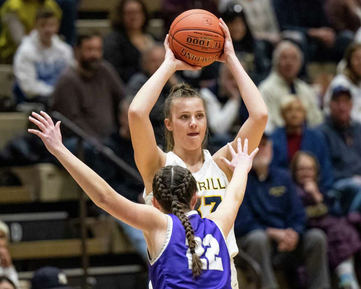 Averill Park senior Amelia Wood runs the offense during the Section 2, Class A semifinals against Catholic Central High School at Hudson Valley Community College on Wednesday, March 2, 2022. (Jim Franco/Special to the Times Union)