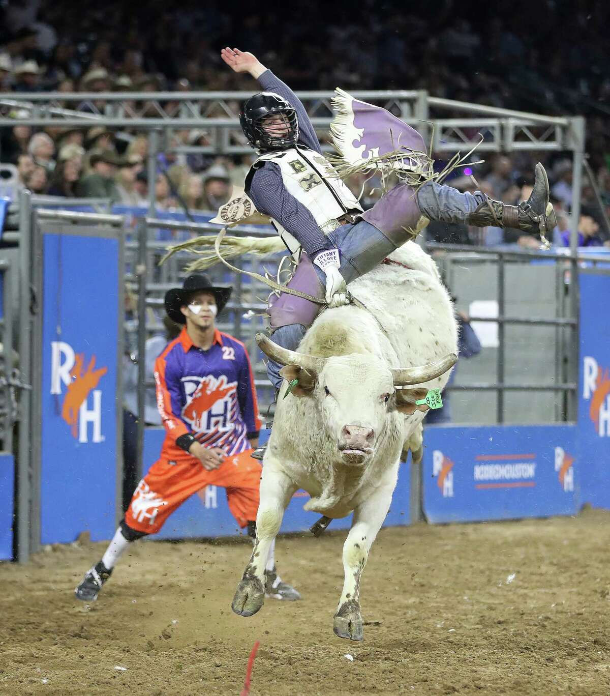 Koby Radley rides Iceman in the Bull Riding competition during round three of Super Series 1 at the Houston Livestock Show and Rodeo at NRG Stadium on Wednesday, March 2, 2022 in Houston.