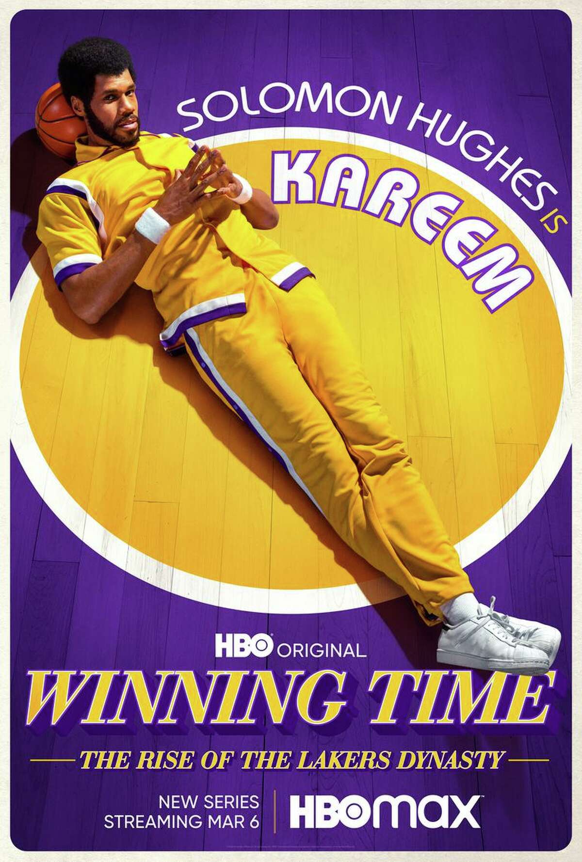This is a promotional photo of Solomon Hughes portraying Kareem Abdul-Jabbar for the HBO miniseries "Winning Time: The Rise of the Lakers Dynasty."