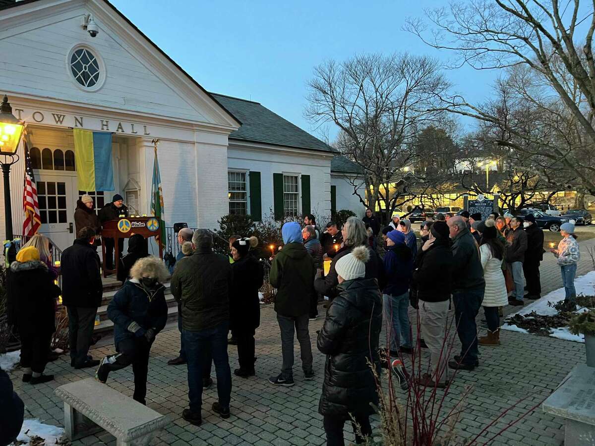 Weston held a vigil outside of town hall to show support for Ukraine.