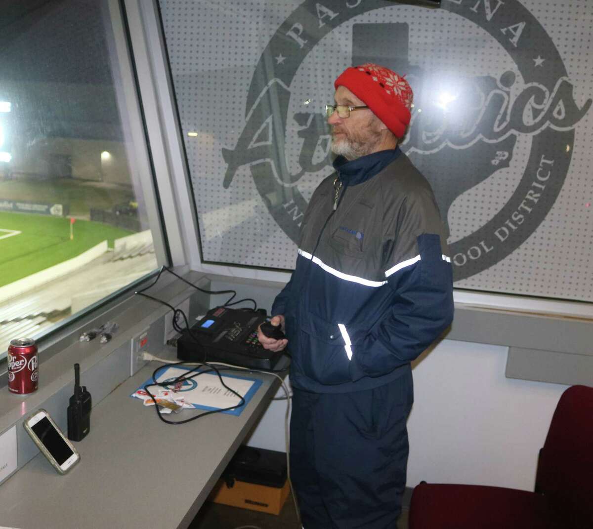 J.W. Smith, shown operating the scoreboard clock during a recent soccer match, has been named the recipient of Pasadena ISD’s Barry Harris Extra Effort Award.