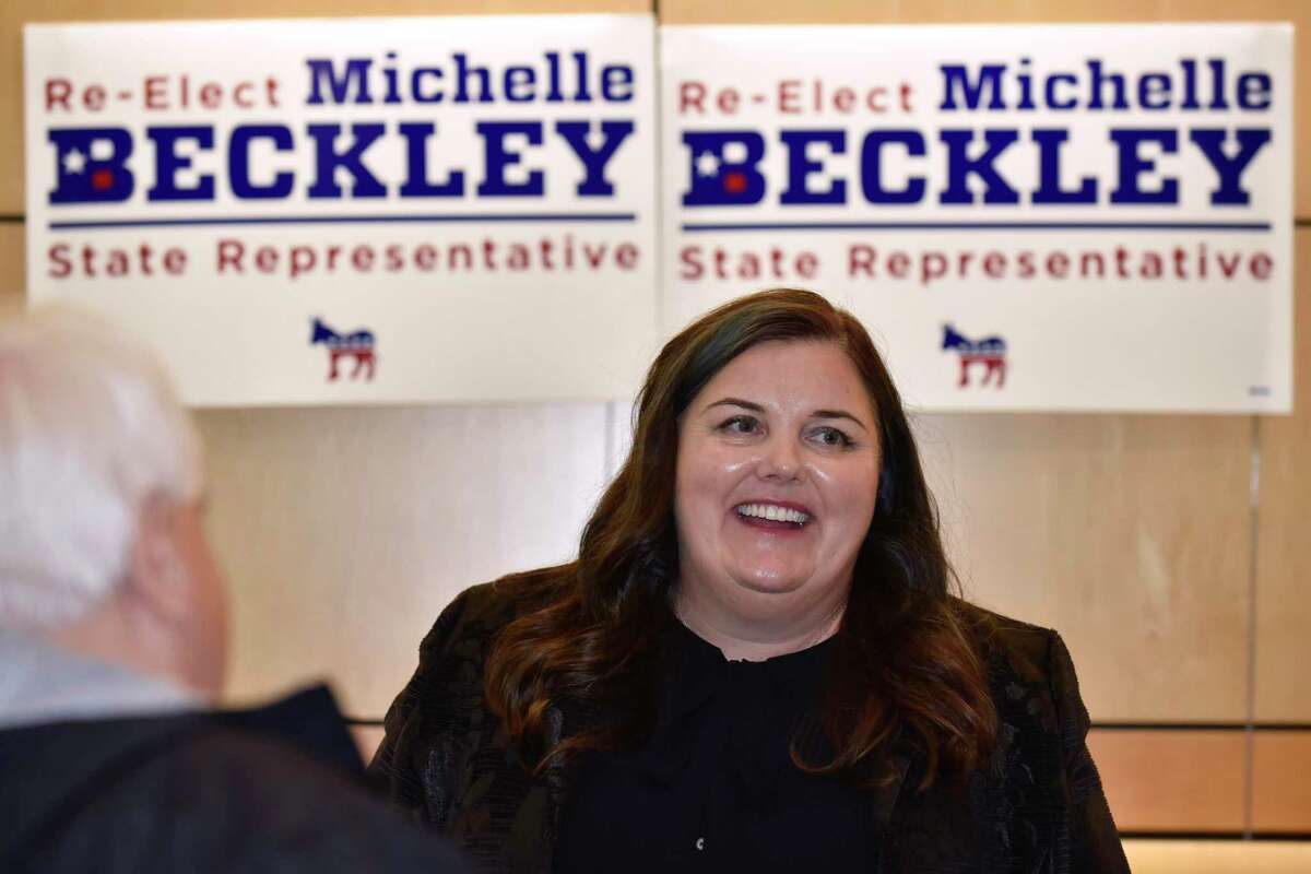 Incumbent Michelle Beckley meets with voters before the start of the Texas House District 65 candidate forum, "For the Future," hosted by Raise Your Hand Texas, Feb. 04, 2020 at the Medical City Lewisville Grand Theater. Ben Torres/Special Contributor