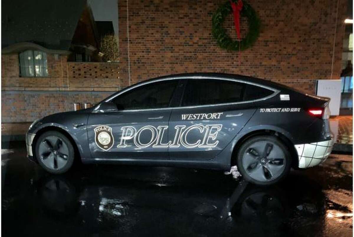 The Tesla Model 3 used by the Westport Police Department.