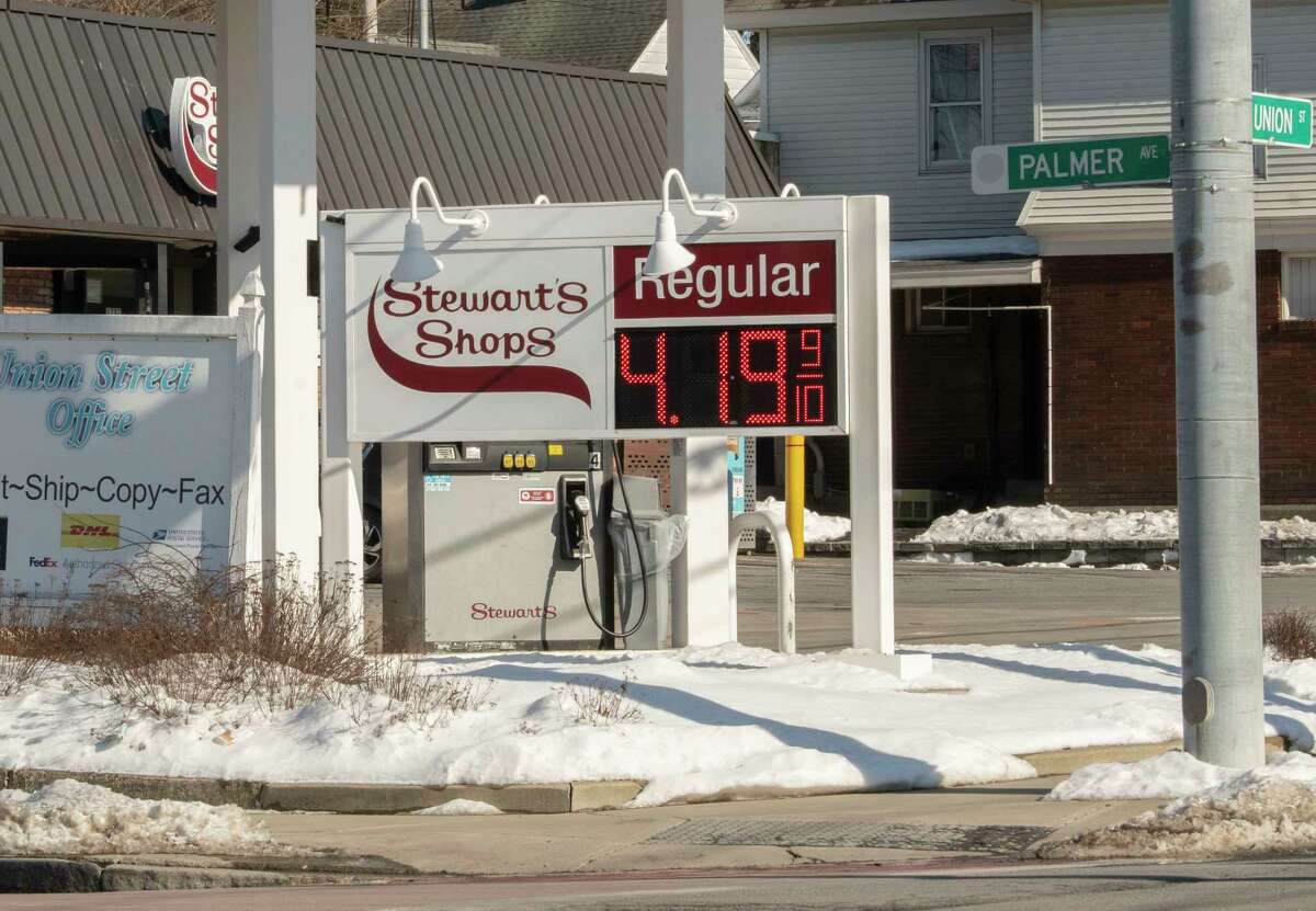 Gas prices at most gas stations in the Capital Region jumped over $4.00 a gallon Thursday, like at this Stewart’s Shops on Union Street in Schenectady. 