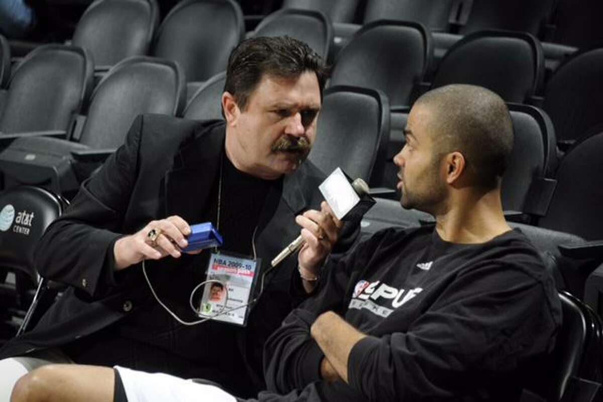San Antonio Spurs broadcasters Bill Schoening interviews Tony Parker dueing the 2009-10 NBA Playoffs.