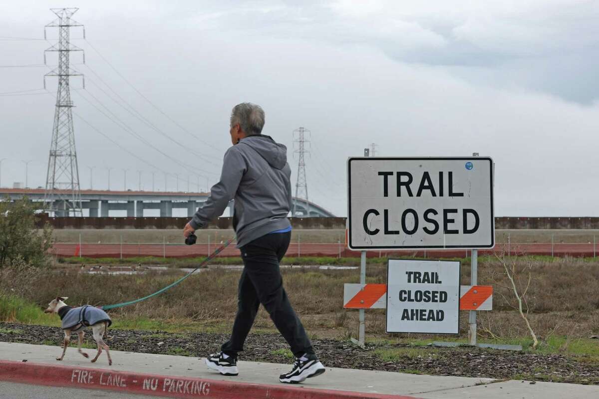 The Bay Trail at Bridgeview Park in Foster City is closed for construction of a barrier along the trail.