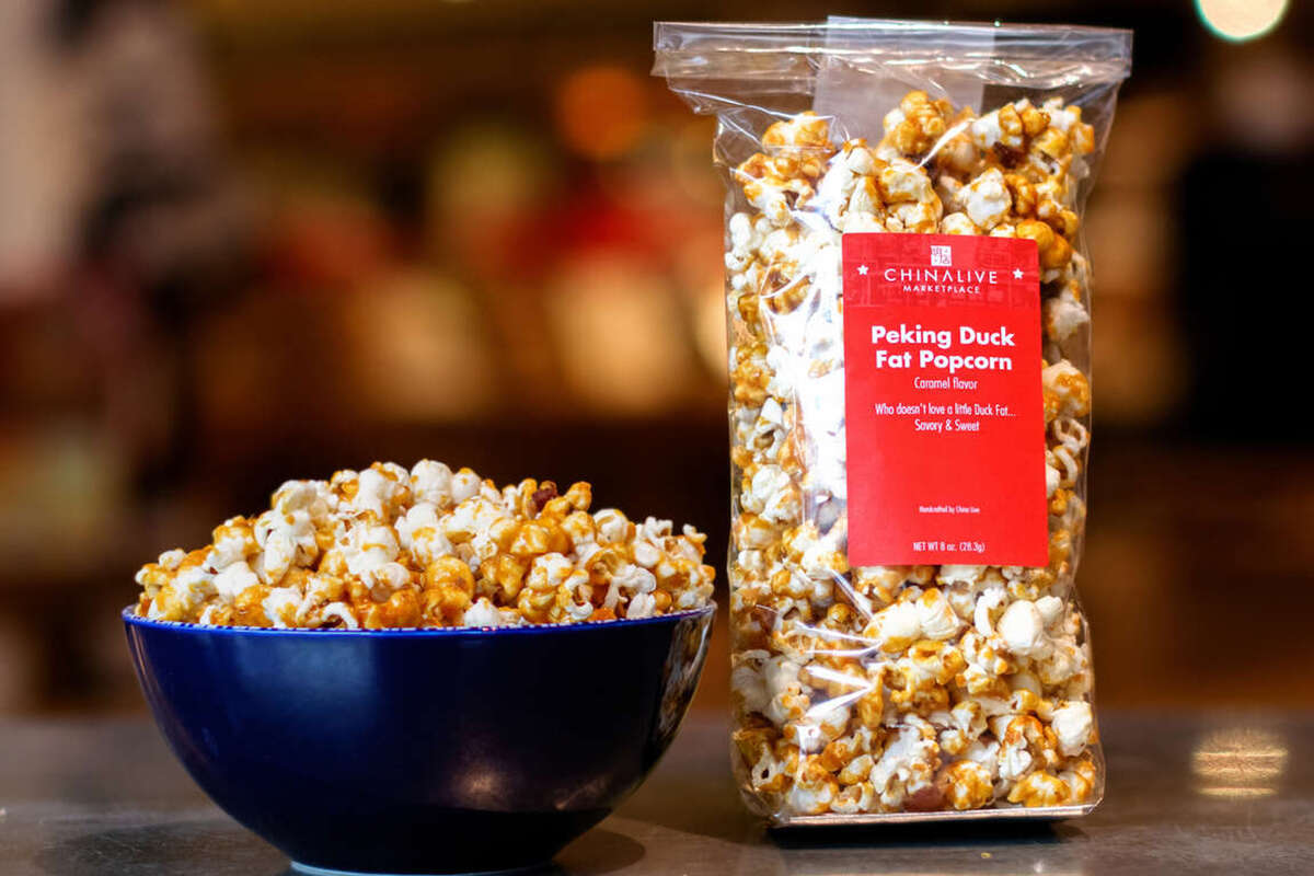 The Peking duck fat popcorn is filled with tiny pieces of delicious duck meat balanced with sweet caramel flavor.