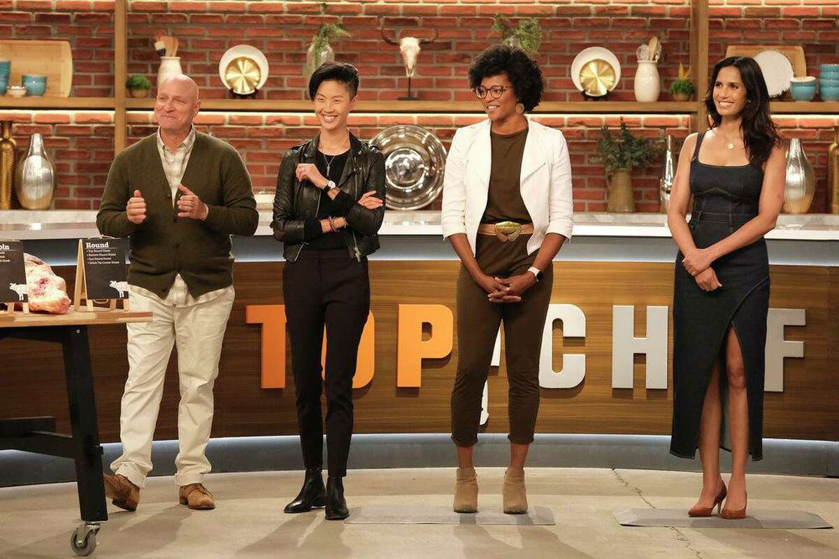 Tom Colicchio, left to right, Kristen Kish, Dawn Burrell and Padma Lakshmi on episode 1 of Top Chef Houston