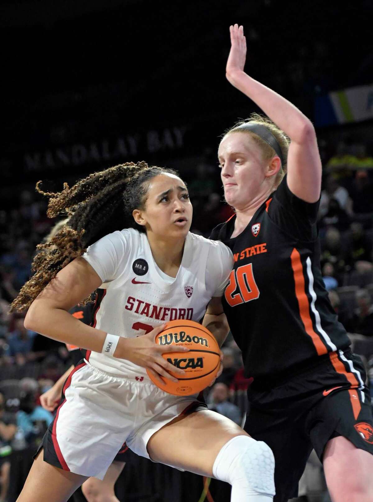 Stanford guard Haley Jones drives to the basket as Oregon State’s Ellie Mack defends. Jones had 20 points in the victory.