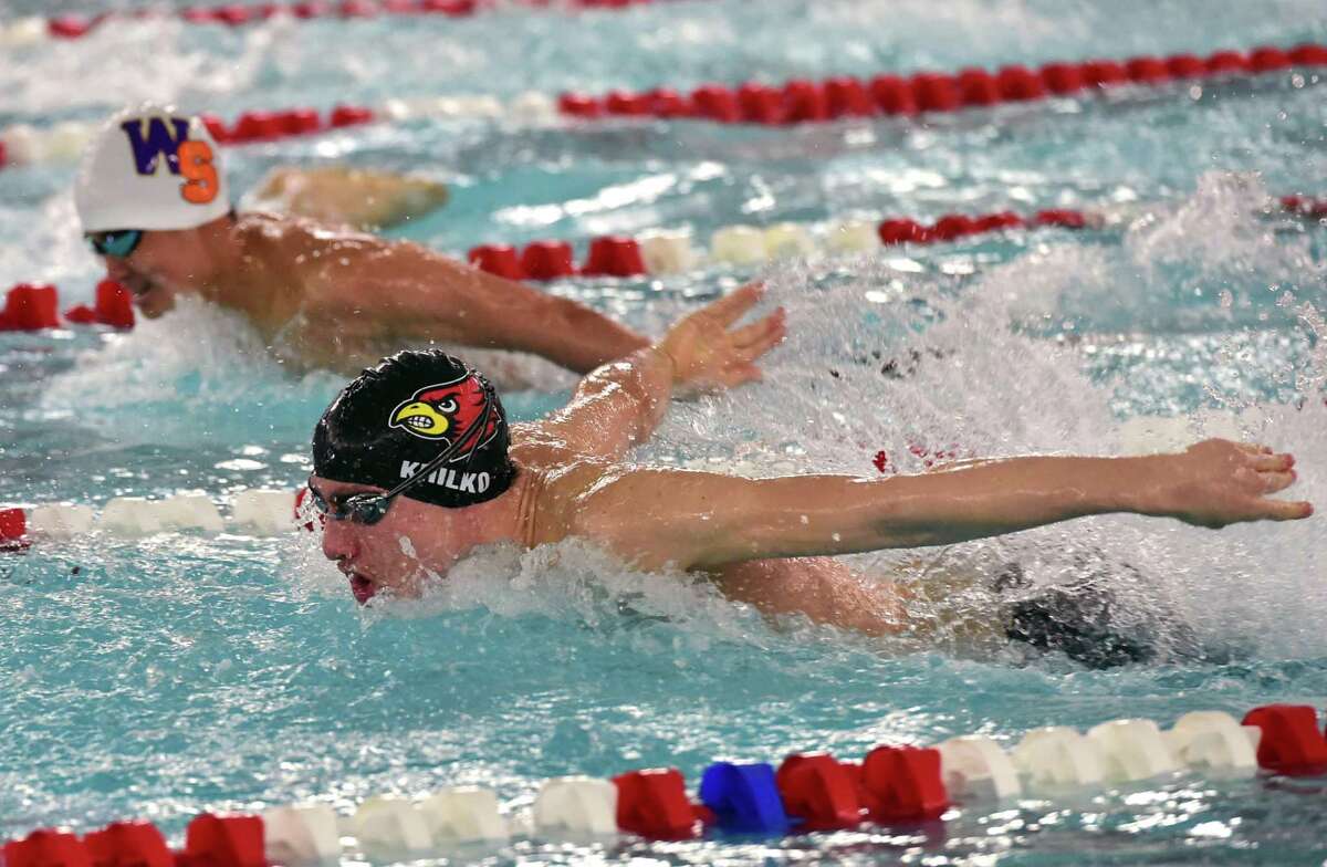 Greenwich’s Alex Khilko competes in the consolation heat of the 200-meter individual medley during the FCIAC Championships in Greenwich on Thursday.