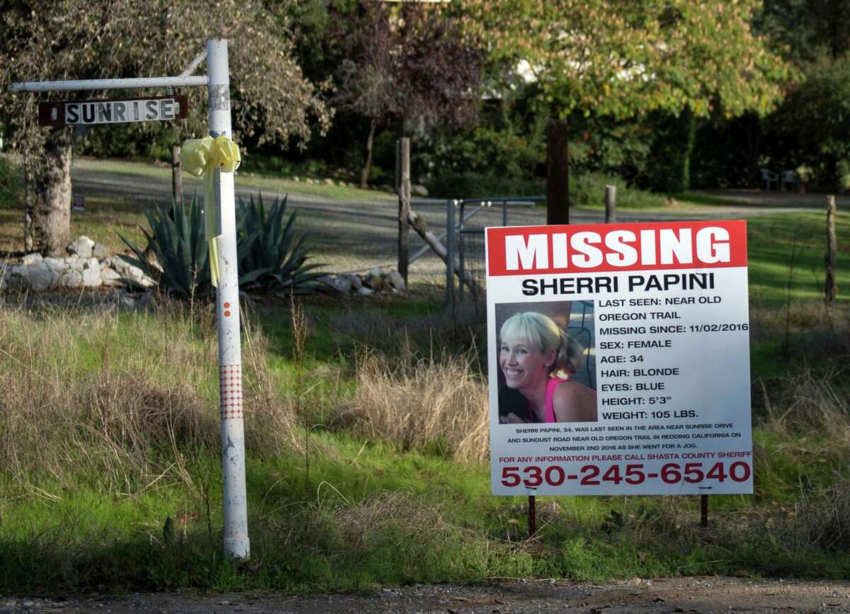 A “missing” sign for Mountain Gate (Shasta County) resident Sherri Papini is seen along Sunrise Drive.