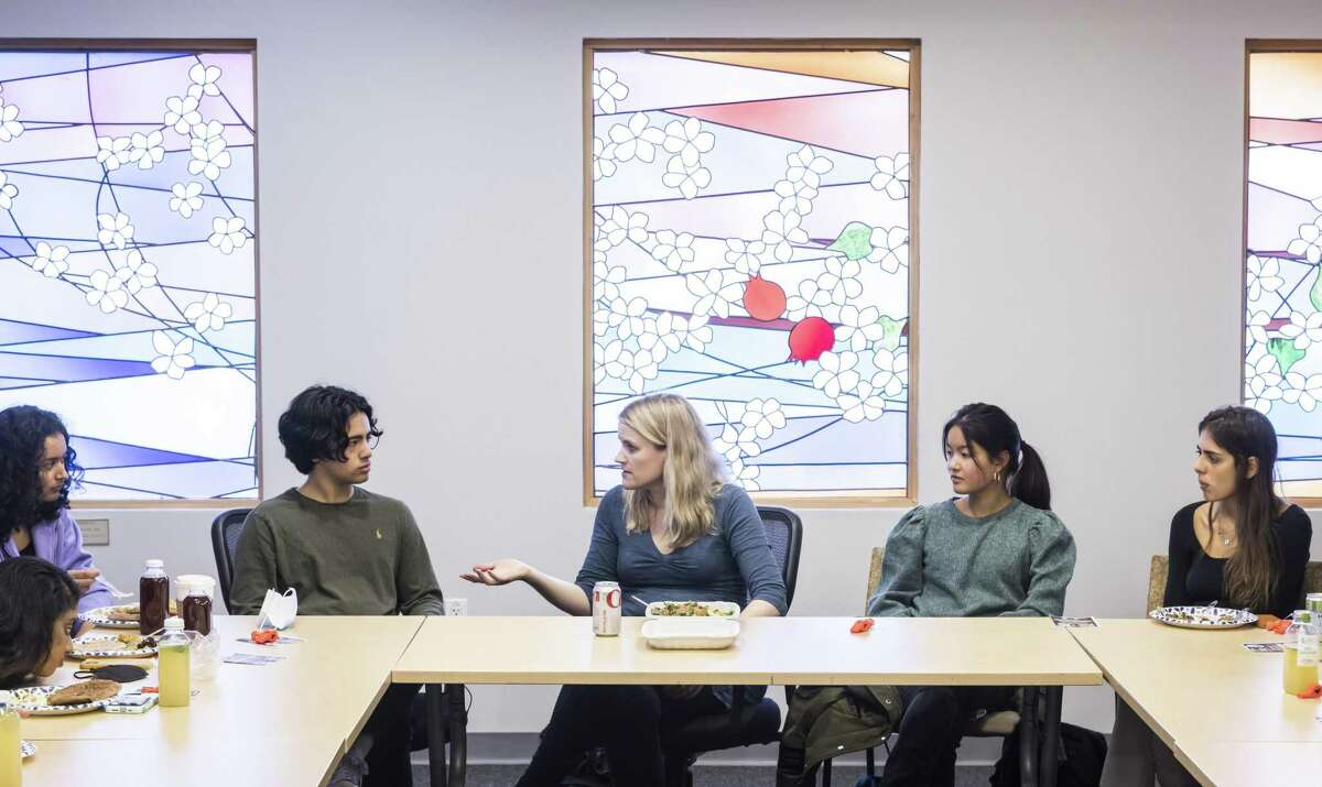 Frances Haugen speaks to students at Stanford University. Haugen, who shared internal documents from her former employer Facebook, talked about the important of whistle-blowing.