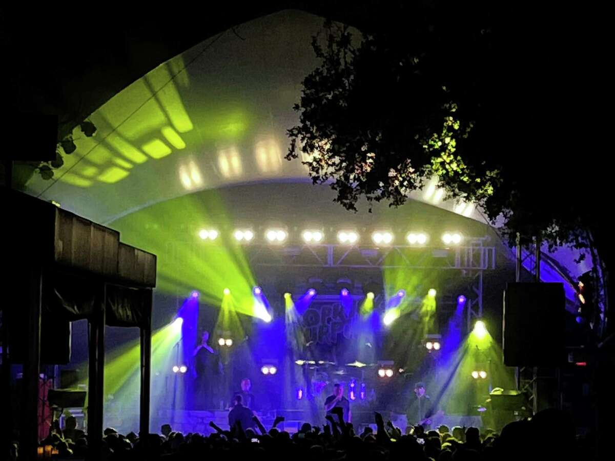 Blue and yellow lights in support of Ukraine shined as the Dropkick Murphys performed at Stubb's Waller Creek Amphitheater in Austin on March 1, 2022.