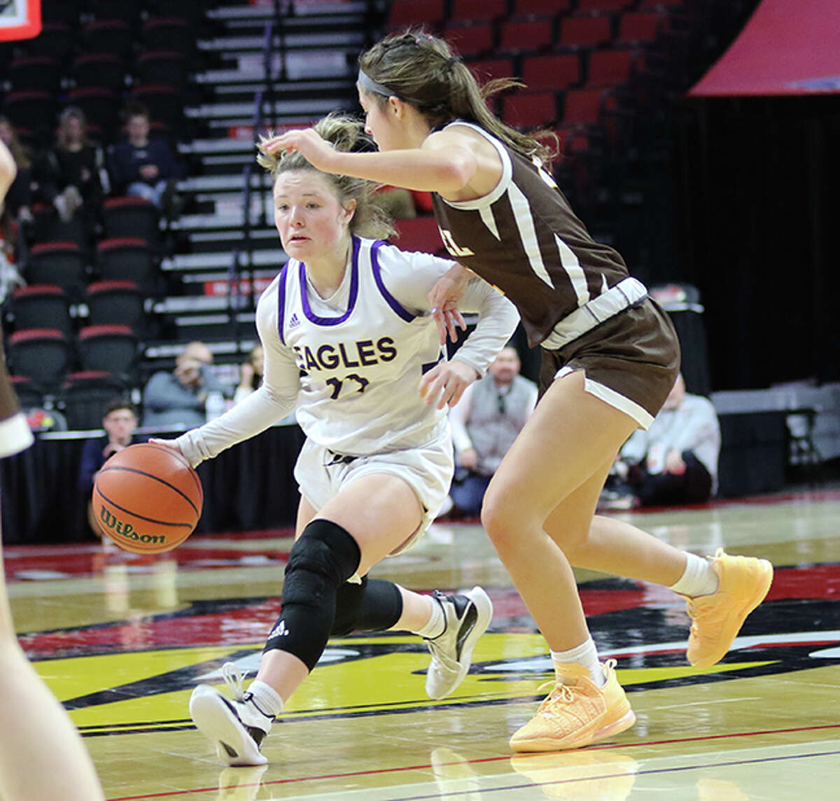 CM's Aubree Wallace (left) handles the ball against a Mundelein Carmel defender on Friday morning in a Class 3A state tournament semifinal at Redbird Arena in Normal.