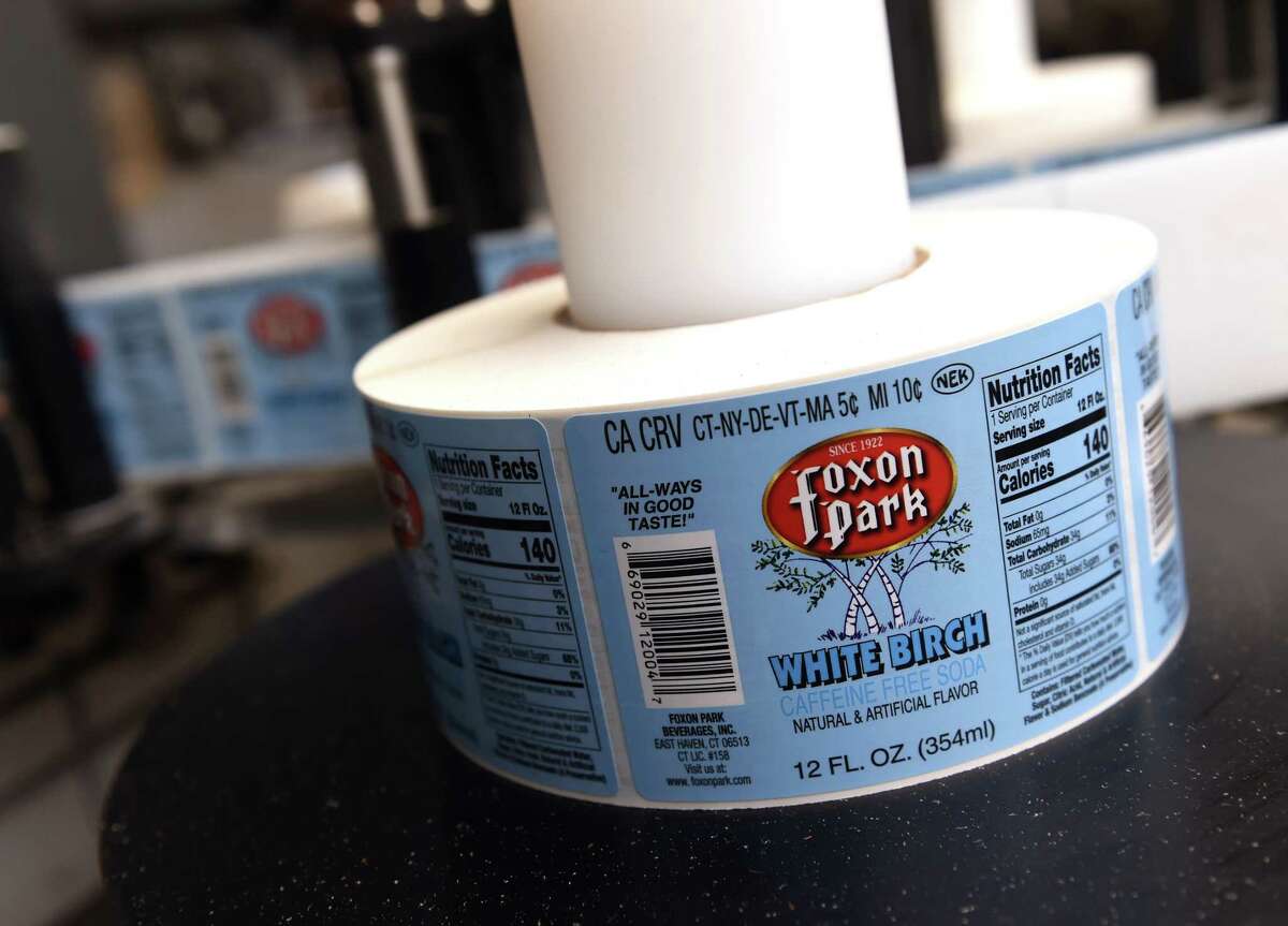 Labels on the production line for Foxon Park Beverages in East Haven photographed on March 4, 2022.