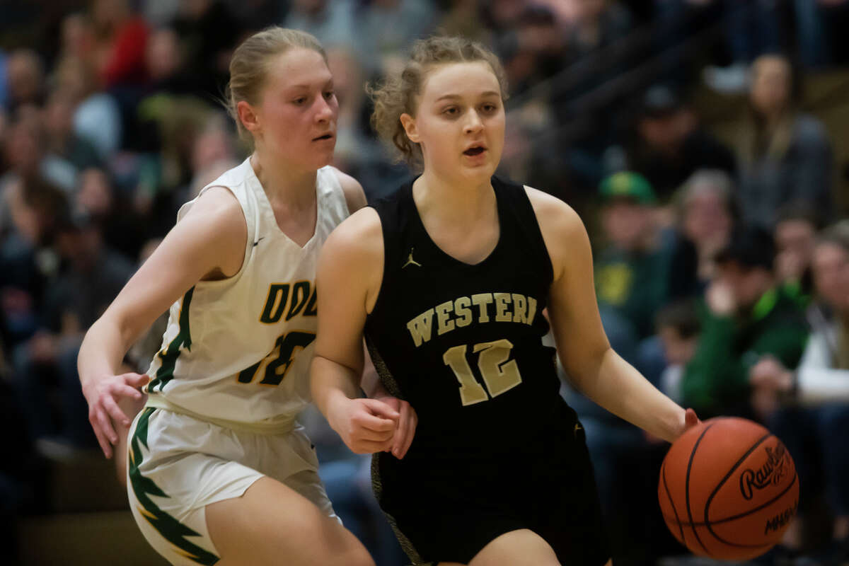 Bay City Western's Paige Humerickhouse dribbles down the court while Dow's Lauren VanSumeren guards her during their game Friday, March 4, 2022 at Bay City Central High School.