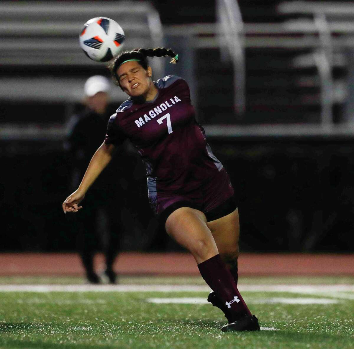 Magnolia’s Gabriella Palomino (7) heads the ball in the first half of a high school soccer match at Magnolia High School, Friday, March 4, 2022, in Magnolia.