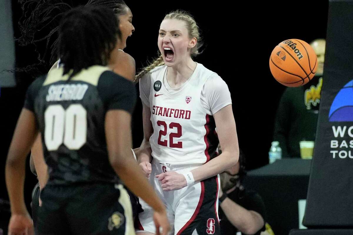 Stanford's Cameron Brink (22) celebrates after scoring against the Colorado during the first half of an NCAA college basketball game in the semifinal round of the Pac-12 women's tournament Friday, March 4, 2022, in Las Vegas. (AP Photo/John Locher)