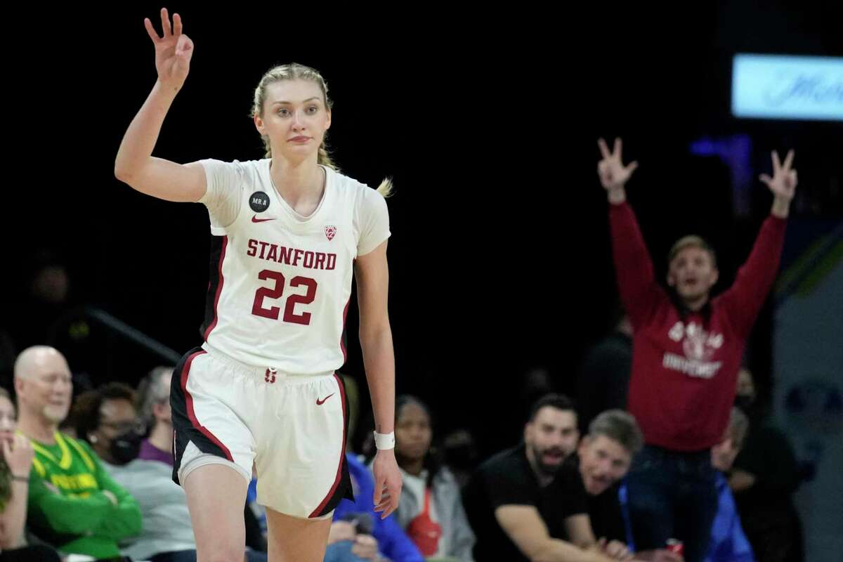 Stanford's Cameron Brink (22) celebrates after making a 3-point shot against the Colorado during the first half of an NCAA college basketball game in the semifinal round of the Pac-12 women's tournament Friday, March 4, 2022, in Las Vegas. (AP Photo/John Locher)