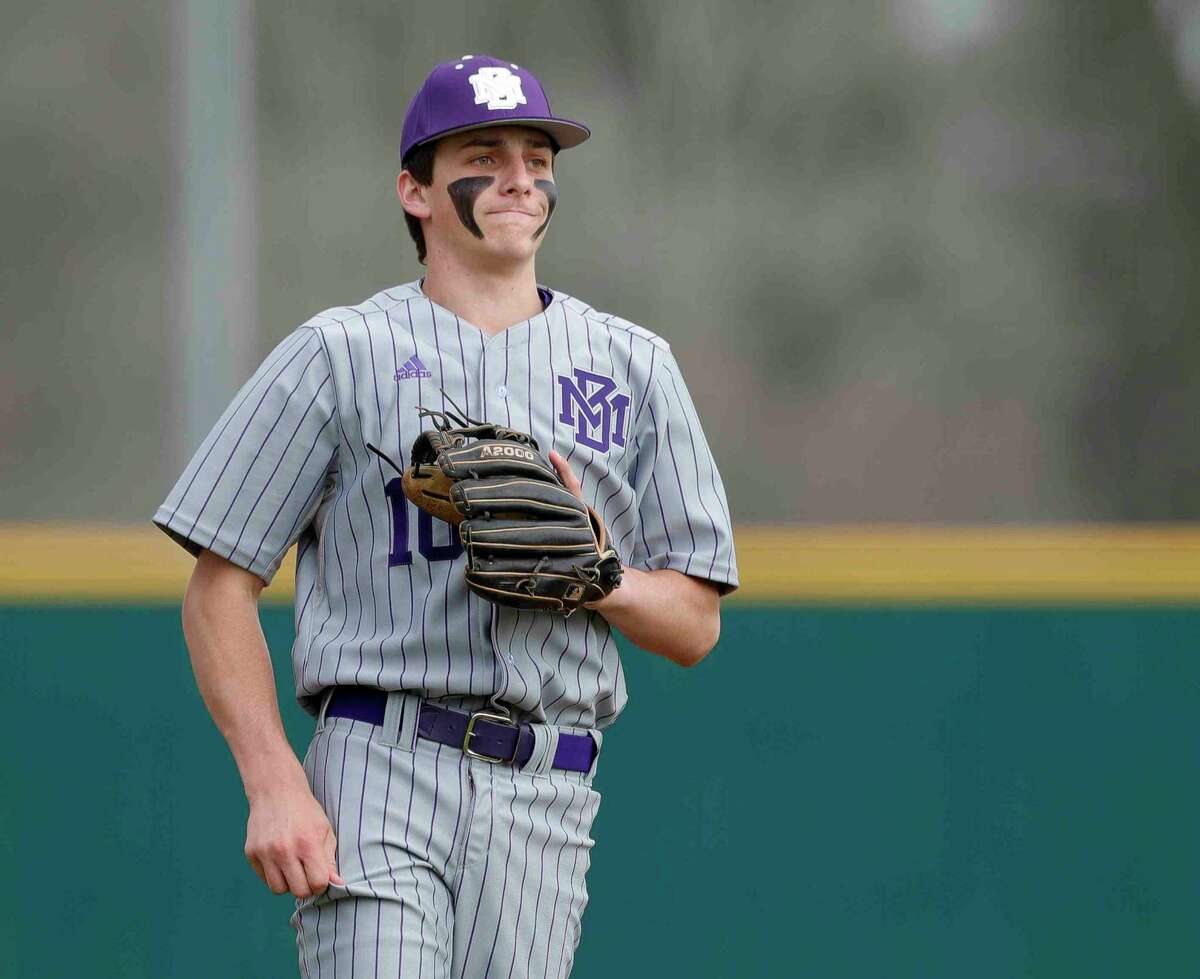Montgomery starting pitcher Alec Fontenot (10) reacts after a walk in the first inning of a high school baseball game during the Brenham/Montgomery Tournament, Friday, March 4, 2022, in Montgomery.