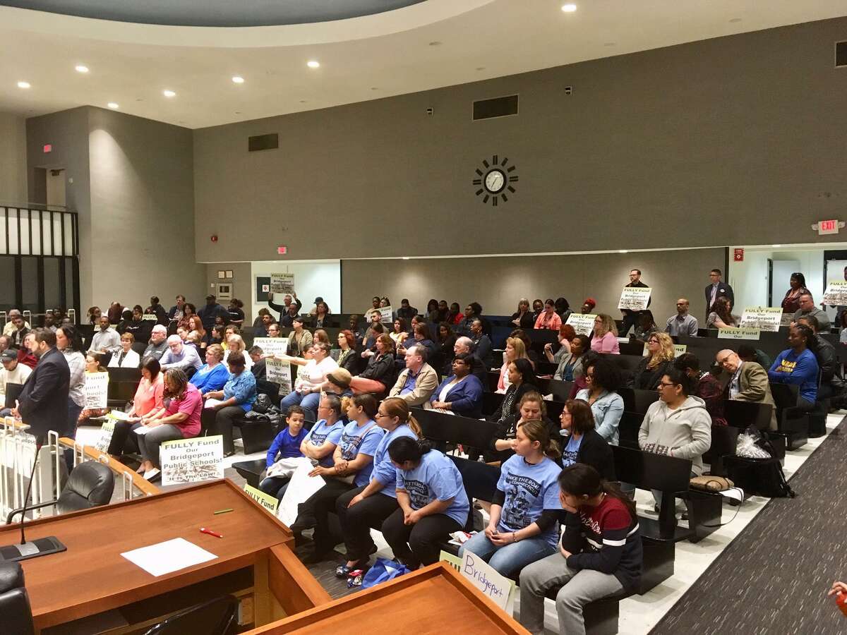 The crowd at the April 23, 2019 City Council hearing on the Bridgeport School budget.