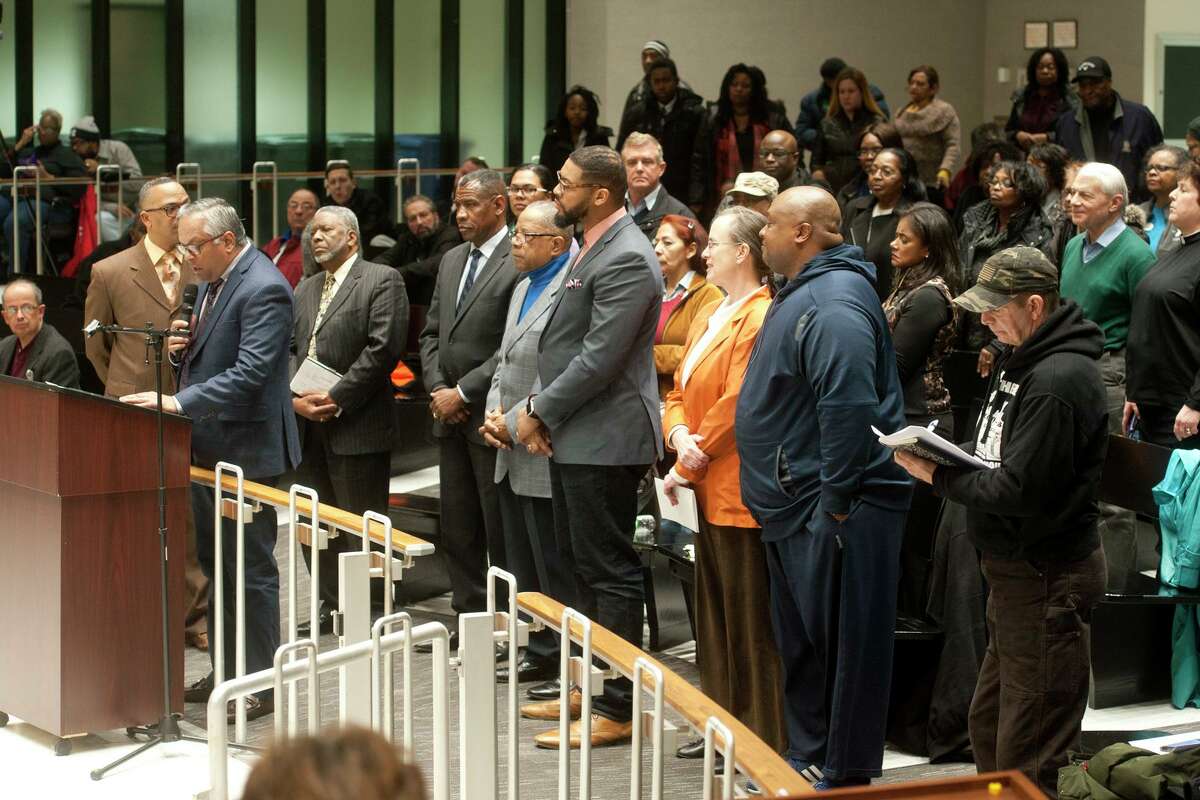 Bridgeport religious leaders and community members gather to address a meeting of the Bridgeport City Council in Bridgeport, Conn. March 3, 2018. Together they spoke to express their disappointment in the lack of actual local jobs they feel were promised during the construction of the new PSEG gas-fired power station.