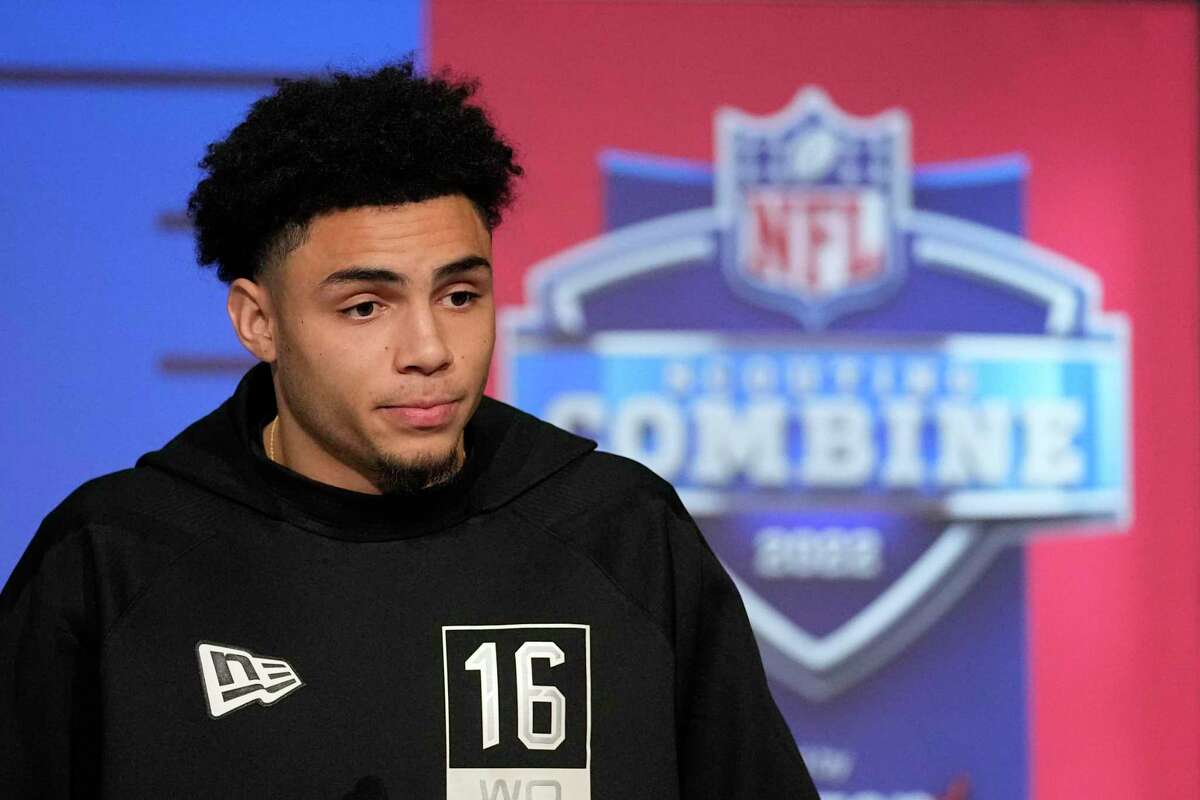 USC wide receiver Drake London speaks during a press conference at the NFL football scouting combine, Wednesday, March 2, 2022, in Indianapolis. (AP Photo/Darron Cummings)