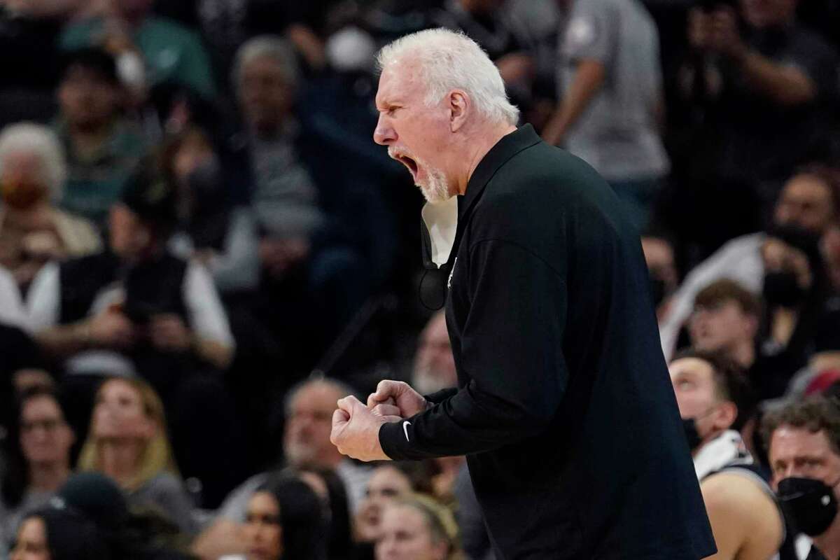 San Antonio Spurs coach Gregg Popovich reacts to a play during the second half of the team's NBA basketball game against the Sacramento Kings, Thursday, March 3, 2022, in San Antonio. (AP Photo/Eric Gay)