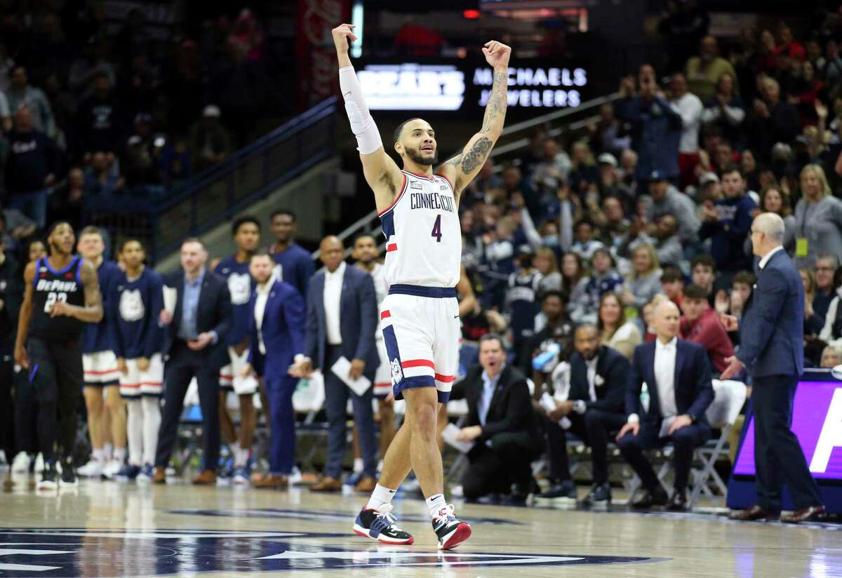 UConn’s Tyrese Martin celebrates during a game against DePaul on March 5. Martin announced Tuesday that he will forgo his extra year of eligibility and enter the NBA draft.
