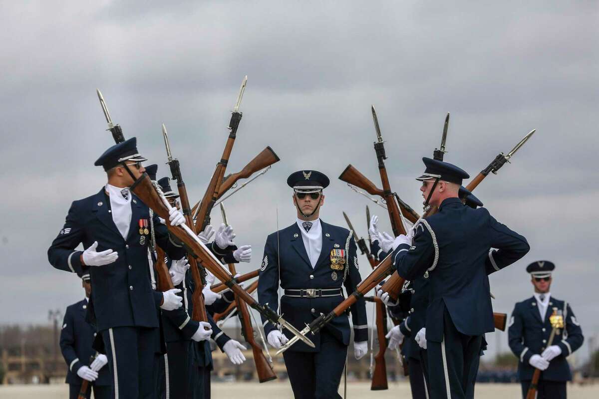 The Air Force Honor Guard performs during Invitational drill down. Teams from four bases competed in the San Antonio event on Saturday, March 5, 2022.