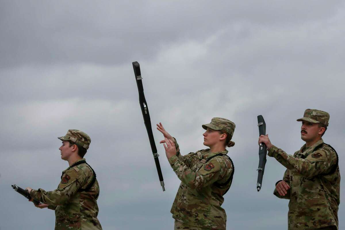 Members of the 17th Training Wing from Goodfellow AFB perform their freestyle drill routine during the annual 37th Training Wing Invitational Drill Down Saturday, March 5, 2022, at JBSA-Lackland in San Antonio. on March 5, 2022.