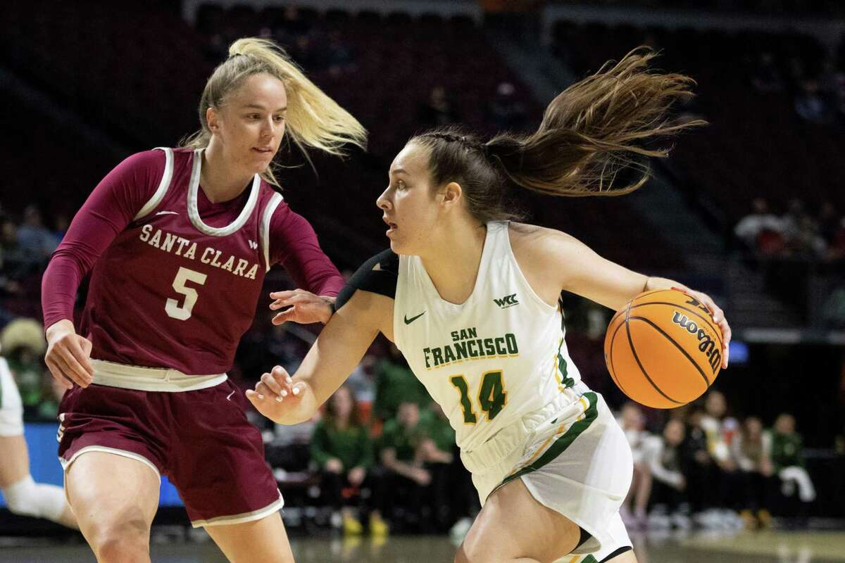 USF's Jessica McDowell-White tries to dribble past Santa Clara's Merle Wiehl in a WCC tournament quarterfinal Saturday in Las Vegas.