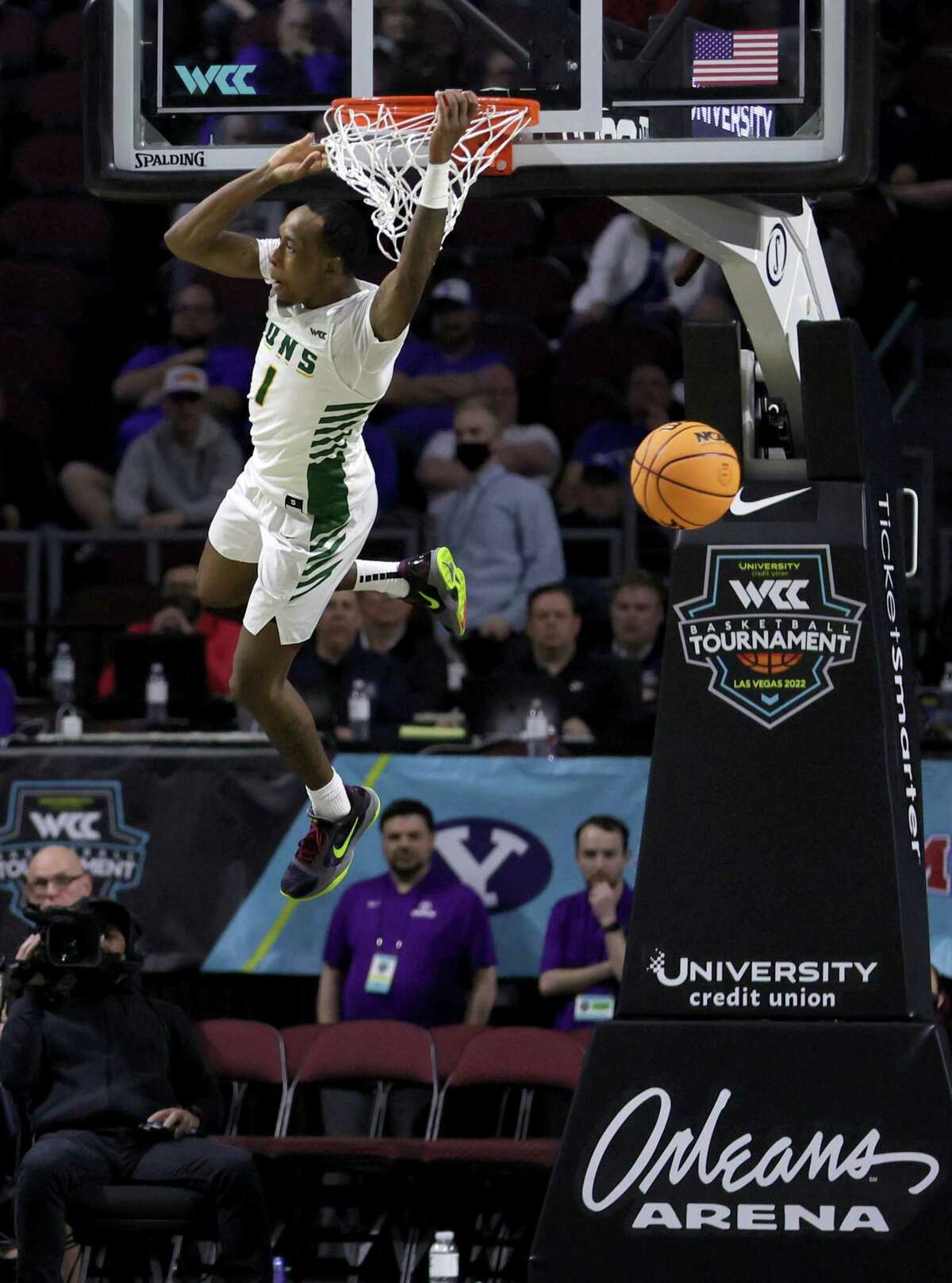 LAS VEGAS, NEVADA - MARCH 05: Jamaree Bouyea #1 of the San Francisco Dons dunks against the Brigham Young Cougars late in their game during the West Coast Conference basketball tournament quarterfinals at the Orleans Arena on March 05, 2022 in Las Vegas, Nevada. The Dons defeated the Cougars 75-63. (Photo by Ethan Miller/Getty Images)
