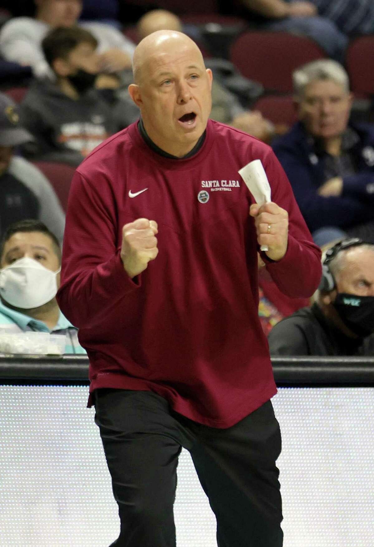 LAS VEGAS, NEVADA - MARCH 05: Head coach Herb Sendek of the Santa Clara Broncos reacts as his team takes on the Portland Pilots during the West Coast Conference basketball tournament quarterfinals at the Orleans Arena on March 05, 2022 in Las Vegas, Nevada. (Photo by Ethan Miller/Getty Images)