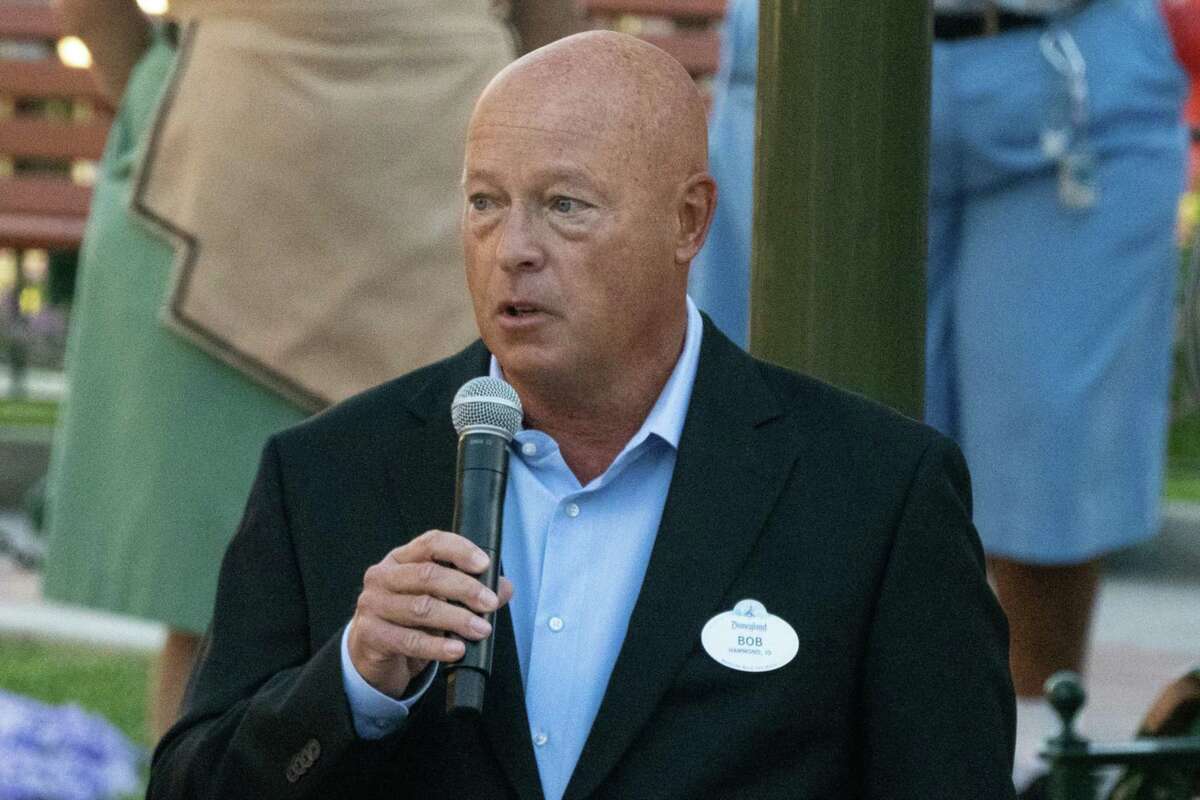 Bob Chapek, chief executive officer of Walt Disney Co., speaks during the reopening of the Disneyland theme park in Anaheim, Calif., on April 30, 2021.