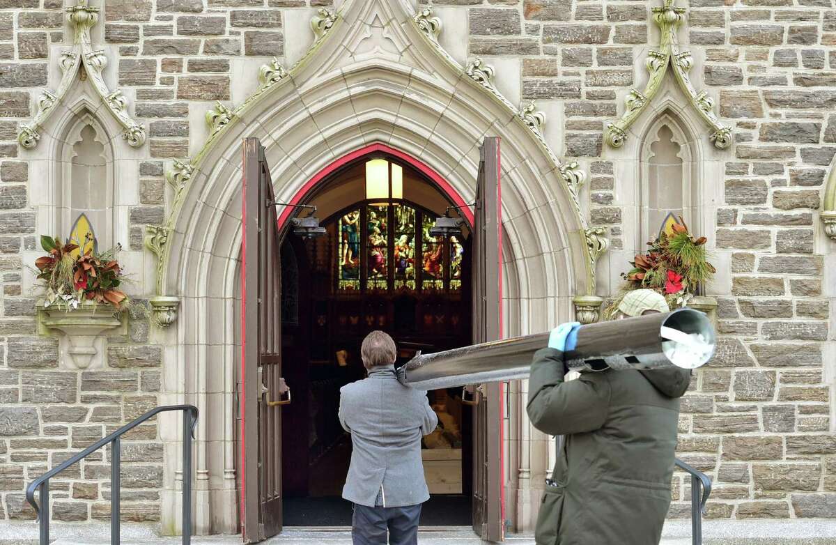 A tractor trailer delivers 4,300 organ pipes and other equipment to Christ Church in Greenwich, Conn., on Saturday March 5, 2022. Harrison and Harrison, established in 1861 in England, is the company that is delivering pipes and redoing the organ.