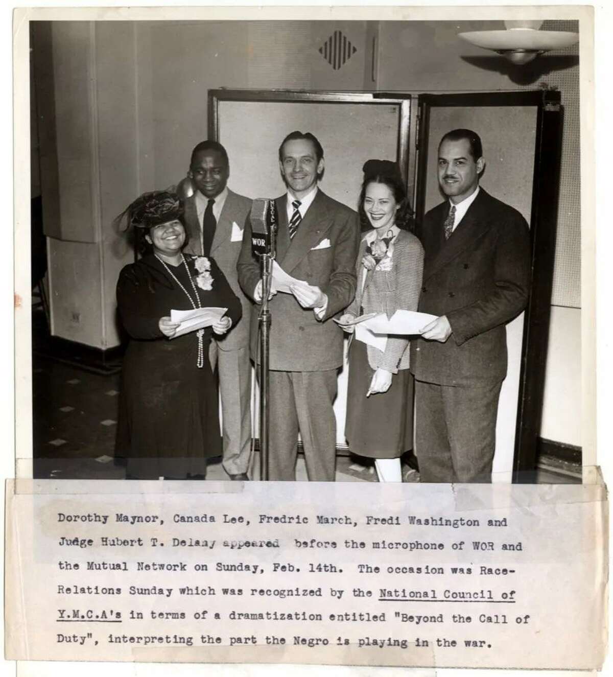 Fredric March, center, takes part in a national Race Relations Sunday radio program in 1942 with, from the left, soprano Dorothy Maynor, actor Canada Lee, actress Fredi Washington and Judge Hubert T. Delany.