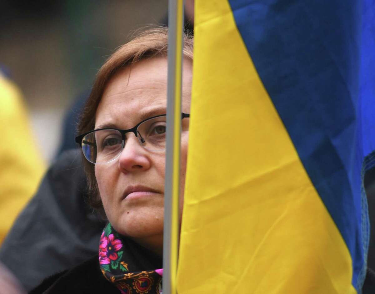 Cos Cob's Tania Priatka attends the Rally for Ukraine outside Town Hall in Greenwich, Conn. Tuesday, March 1, 2022. More than 200 people came to Greenwich Town Hall Tuesday afternoon to rally support for Ukraine and urge swift action to stop the fighting after the Russian attack began last week.